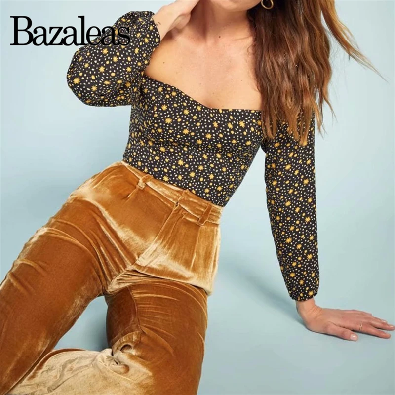 Bazaleas Ретро стиль длинный рукав тонкая женская блузка желтый с принтом blusas mujer de moda