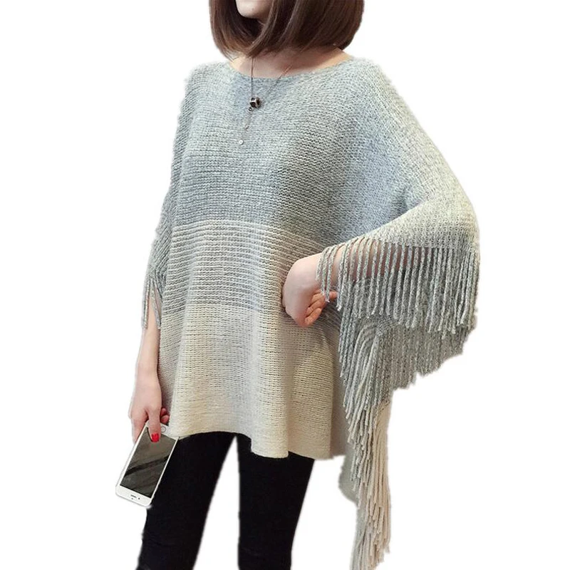 Baratos Suéter de moda de señora borla de gran tamaño Bat manga Poncho mujeres suéteres de punto