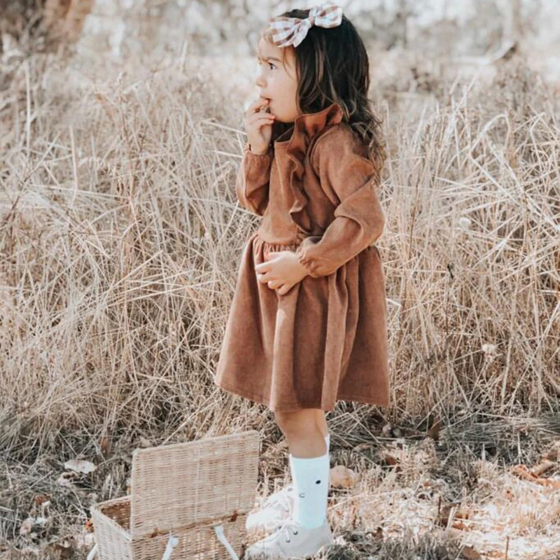 Kids Clothing Toddler Kids Girls Dress Linen Dress Brown Color Spring Baby Girls Dresses European& America Style Clothing