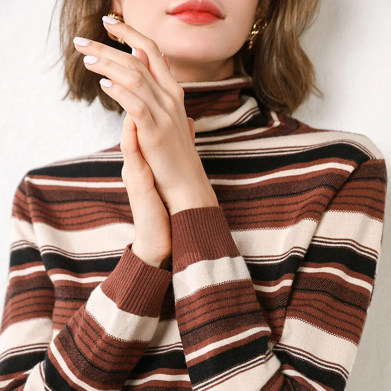 

Litvriyh new striped knitted sweater women pullovers long sleeve high neck fashion pullover women sweater knit tops pull femme