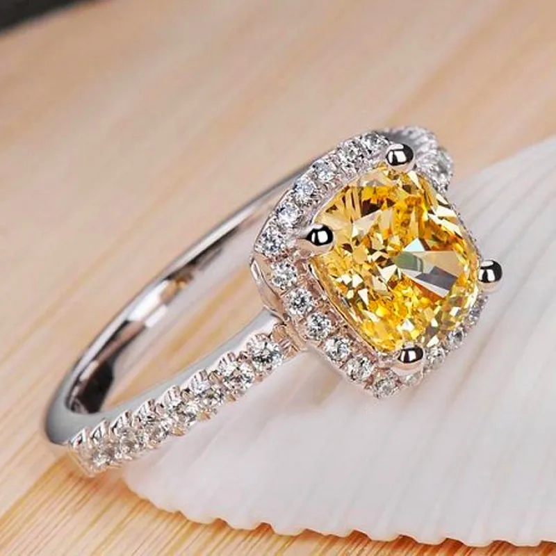 Female Crystal Zircon Stone Ring Silver Color White Pink Yellow Ring Promise Love Engagement Rings for Women