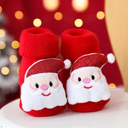 Chaussettes de noël antidérapantes pour bébé, garçon et fille, en éponge, épaisses, chaudes, pour nouveau né, nouvel an, hiver 