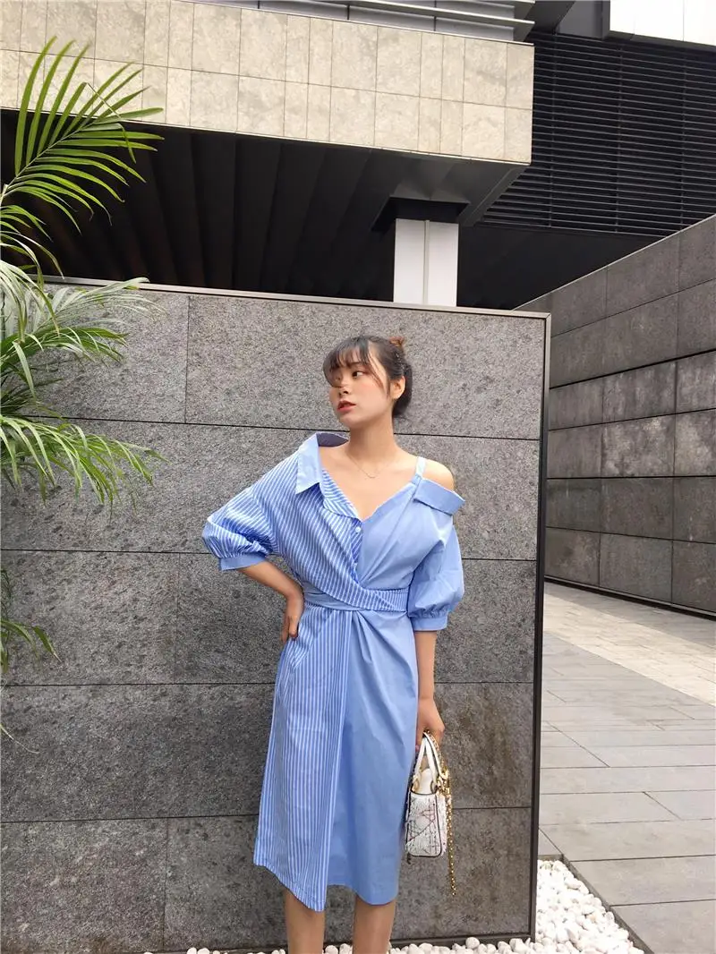 Women Striped Belt Asymmetric Bow Patchwork Drersses New High Street Off Shoulder Design Female Shirt Dress Vestidos DV574