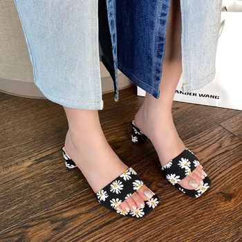 

Women Slippers Fashion Women Slides Slip On Pumps Open Toe Thick High Heels Slippers Mules Shoes Casual Party Pumps Black Slides