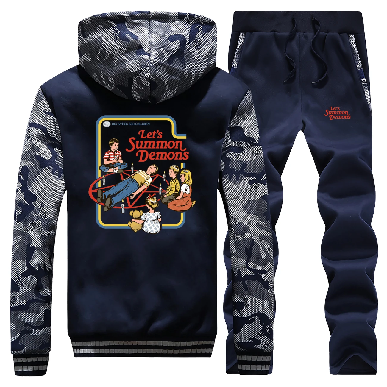 

Let's Summon Demons Camouflage Thick Jacket+Pants 2 Piece Sets Mens Funny Print Sweatshirt 2019 Winter Tracksuit Men Warm Hoodie