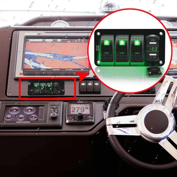

LED Voltage Display Rocker Switch Panel Boat Marine Truck Green Double Lights 4 Gang