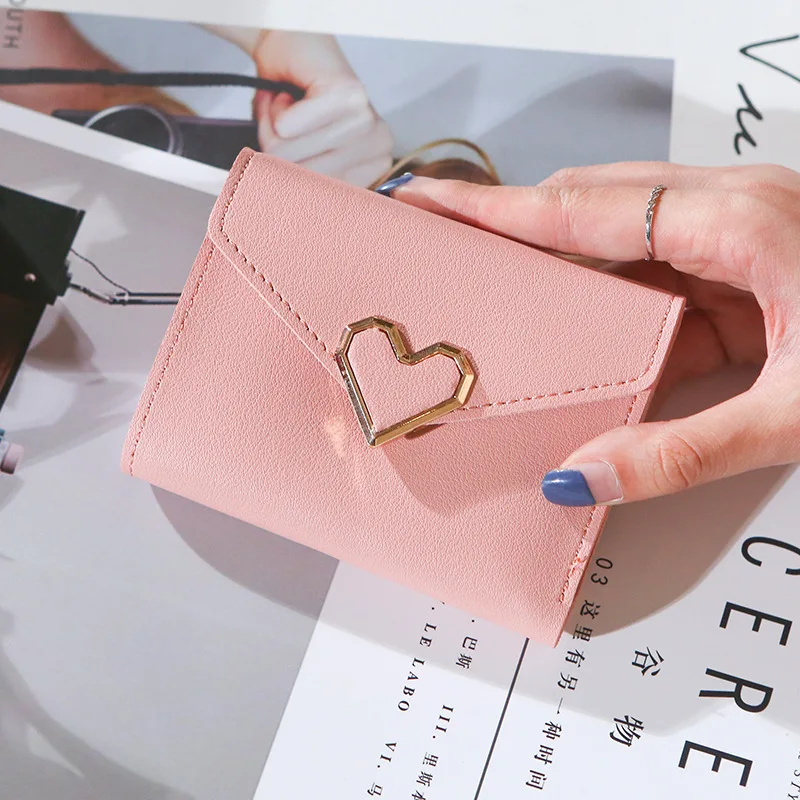 New Retro Small Fresh Metal Heart-shaped Short Wallet Ladies Student Wallet Cute Wallet  Designer Wallets for Women Girls 