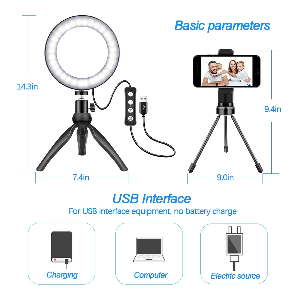 Светодиодный кольцевой светильник " с подставкой для штатива для видео и макияжа YouTube, с 3 режимами освещения и 11 уровнем яркости