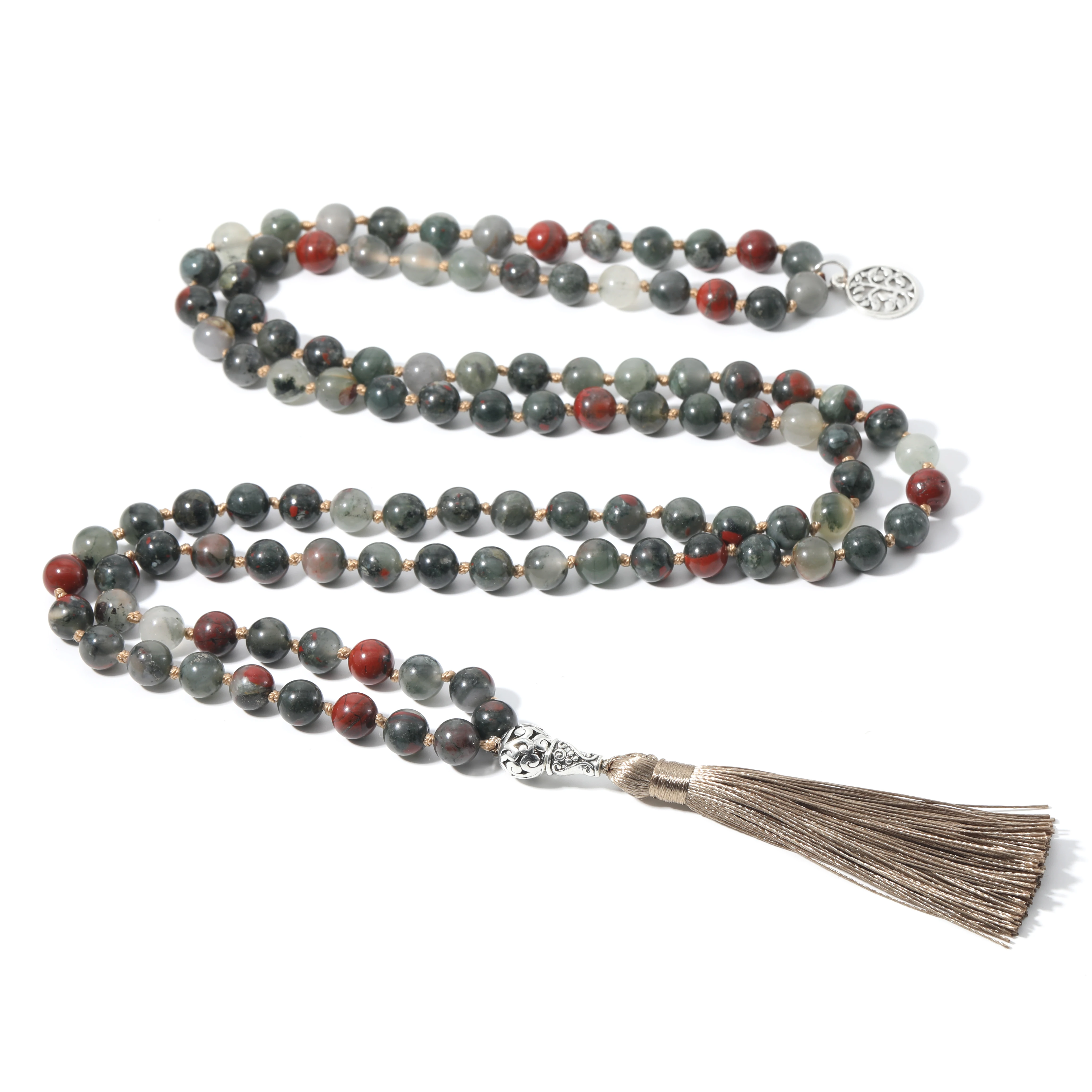 Natural Bloodstone 108 Mala Beaded Knotted Necklace Semi-Precious Meditation Yoga Japamala Jewelry with Tree of Life Pendant