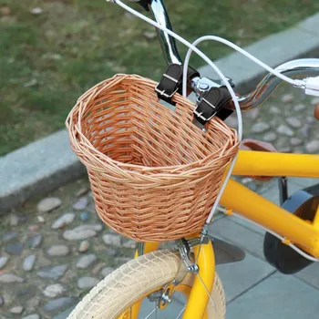 

UpperX Wicker Bicycle Front Basket Retro Handmade With Leather Straps Brown Handle Linen Outdoor Picnic Cycling Accessories
