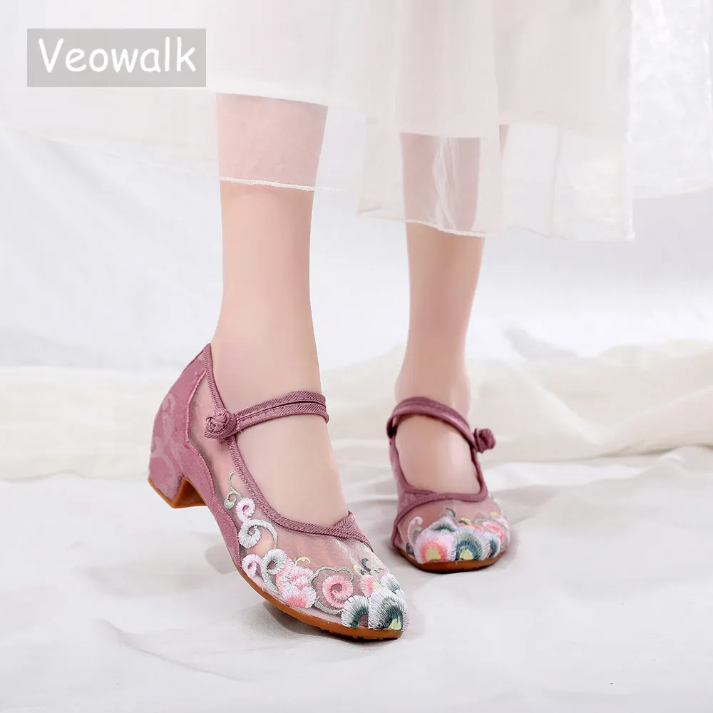 Женские сетчатые туфли Veowalk туфли-лодочки с вышивкой из хлопка на блочном каблуке