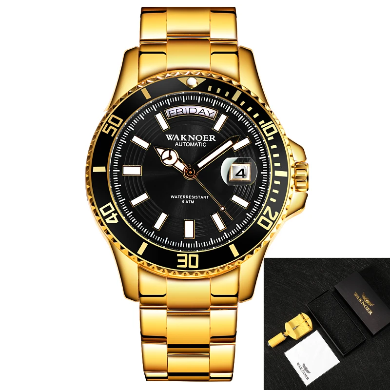gold WAKNOER Brand Luxury Men Automatic Watch Men Stainless Steel 50M Waterproof Business Sport Mechanical Wristwatch Male Date Clock - Цвет: gold