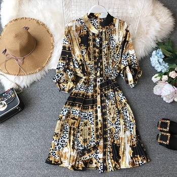 

2019 Women Chiffon Print Dress Knee-Length Office Lady Sashes A-line Long Sleeve Mandarin Collar Ladies Chic Vestidos