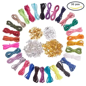

30 Strands Lace Faux Leather Suede Beading Cords with 100 Pcs Folding Crimp Ends