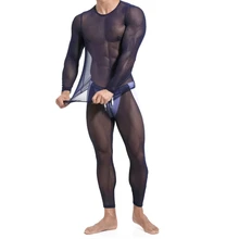 Сексуальное прозрачное Сетчатое длинное нижнее белье, мужское нижнее белье, майка, костюм, прозрачная футболка с длинным рукавом, леггинсы, штаны