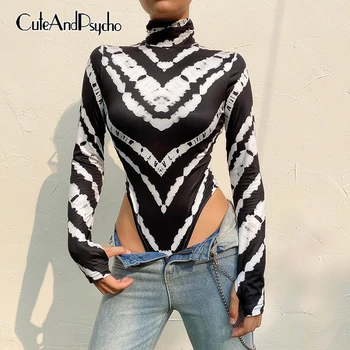 

Turtleneck Bodycon Bodysuit Women Striped Skinny Body Jumpsuits Long Sleeve Printed Romper Fashion Streetwear Slim Cuteandpsycho