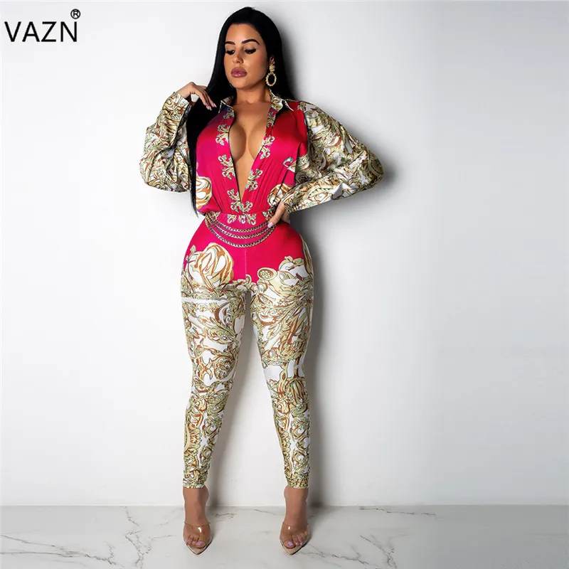 VAZN SN4400 Новые комбинезоны Yong Lady Of Note сексуальная мода Ретро Печать Поло шеи с длинным рукавом Эластичный женский карандаш шифоновый комбинезон