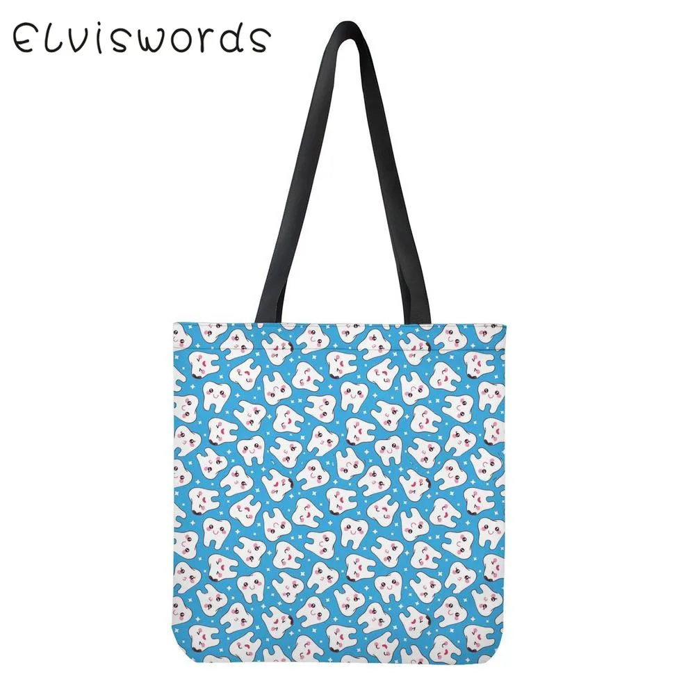

ELVISWORDS Women Shopping Bags Kawaii Nurse Dentist Teeth Print Canvas Female Large Capacity Totes Bags Harajuku torebki damski