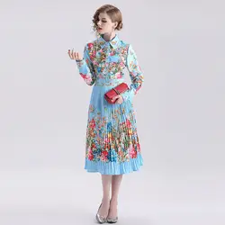 2019 Осенняя рубашка в европейском стиле со звездами однобортное Платье До Колена со складками небесно-голубого цвета с цветочным принтом