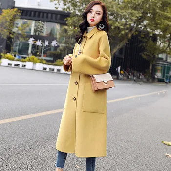 

2020 Autumn And Winter Double-faced Woolen Coat Female Long Section Waist Lapels Woolen Coat Large Size Loose Thickening