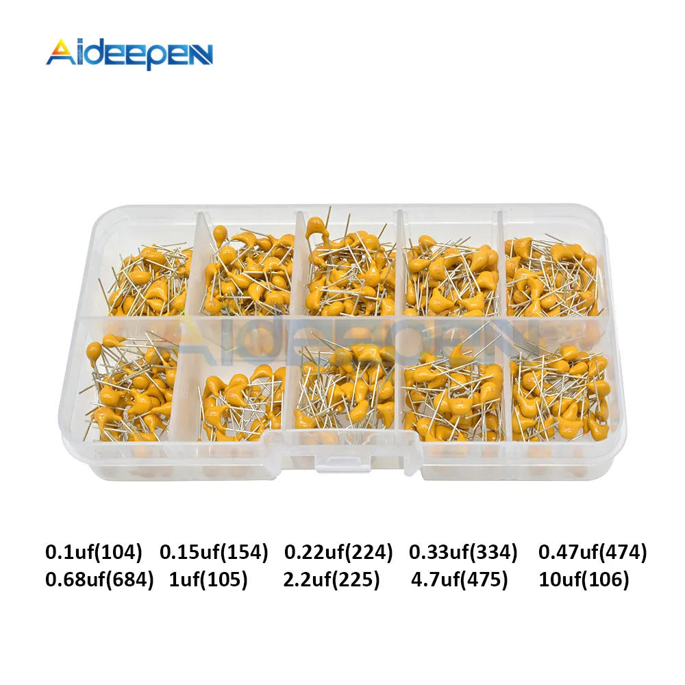 

500pcs/lot Multilayer Ceramic Capacitor Assortment Kit 10 Values*50pcs 0.1uF-10uF 50V MLCC Ceramic Capacitors Set 0.47uf 2.2uf
