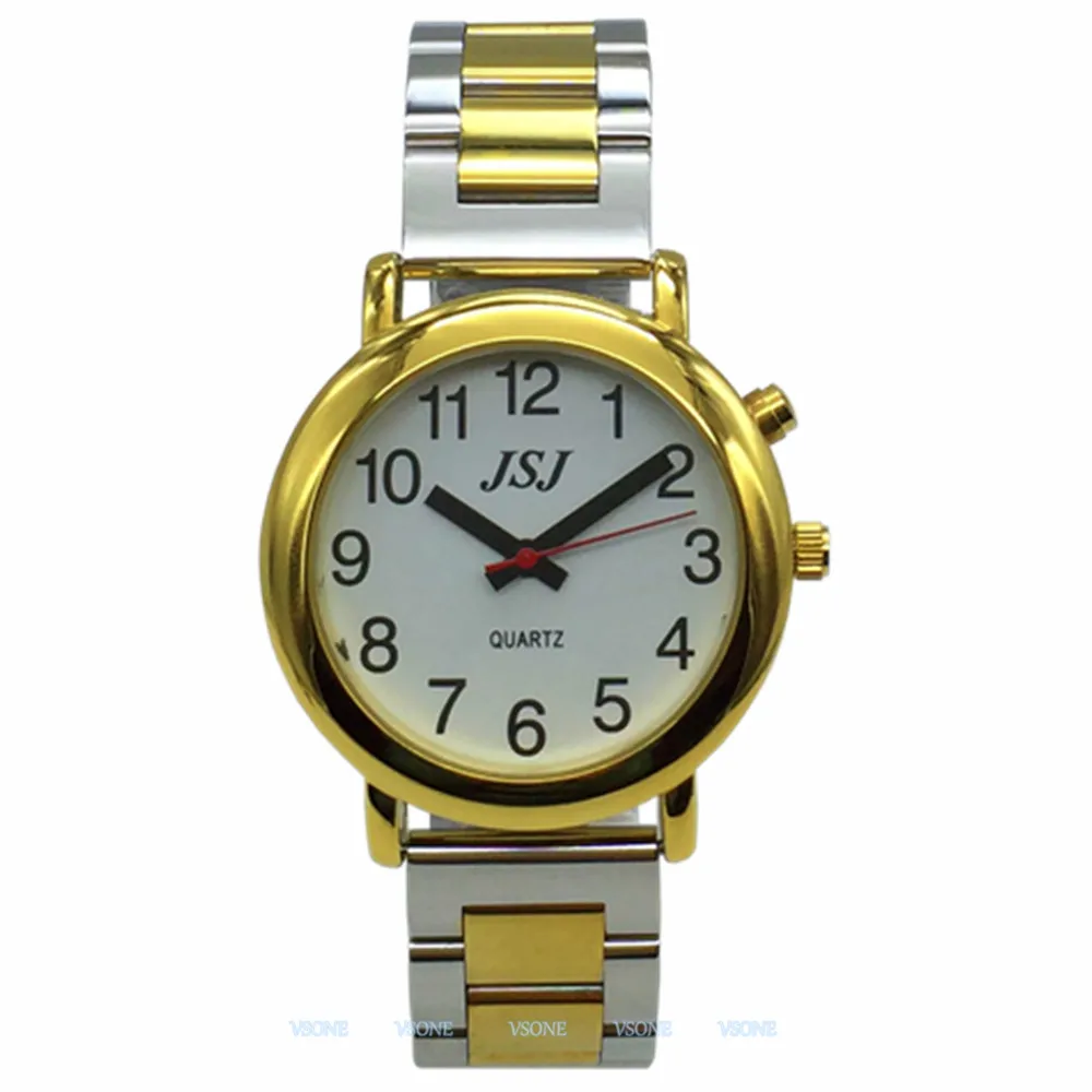 Relógio com Função de Alarme Data e Hora Francês Falando Mostrador Branco Fecho Dobrável Case Dourado Taf-505