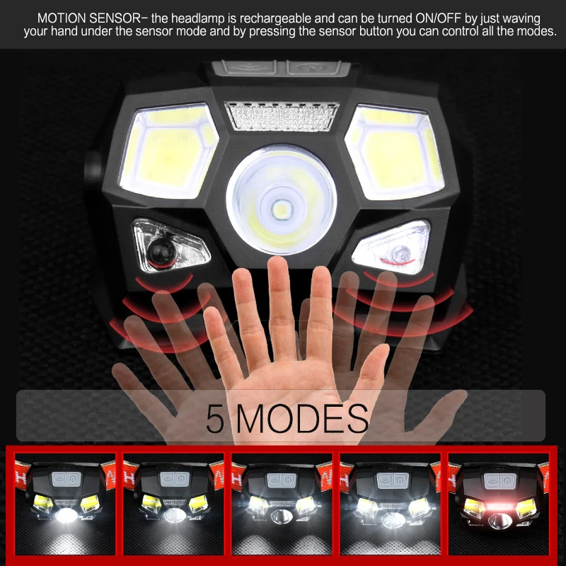 6000 lumens Motion Sensor USB Rechargeable LED Powerfull Headlamp Hands-free Headlight with built-in battery  Camp Torch Light