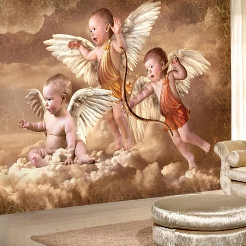

Custom 3D Mural Wallpaper European Style Retro Angel Oil Painting Fresco Kids Bedroom Hotel Background Wall Waterproof Stickers