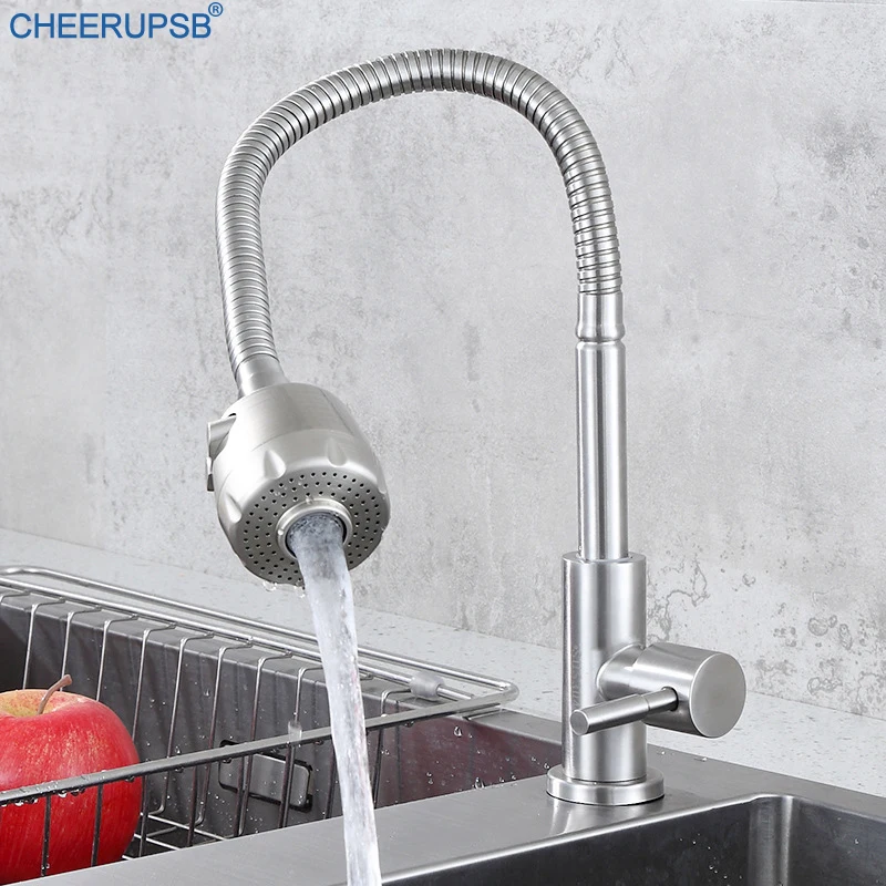 Deck Mounted Kitchen Sink Stream Water Faucets Single Cold Flexible Tap Stainless Steel 360