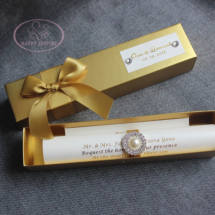 HI2052-47 Golden Scroll Invitation Card with Rhinestone Brooch