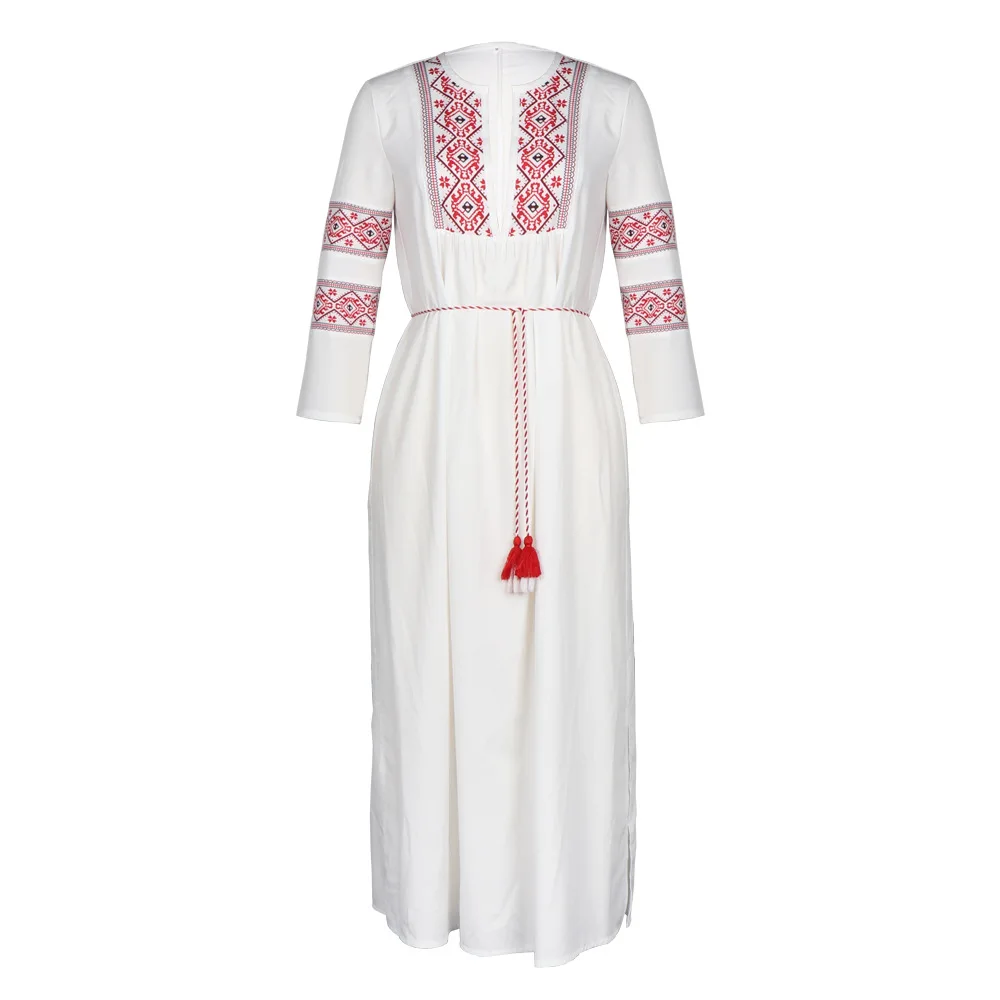 

Women Long Dress Loose Casual Pure V-collar Printed Long Sleeve Dress