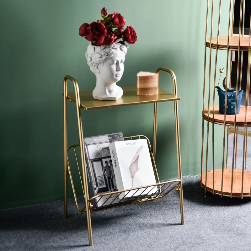 

RASABOX - Metal Gold Shelf Storage Coffee Table with Magazine Holder and Organizer Bin