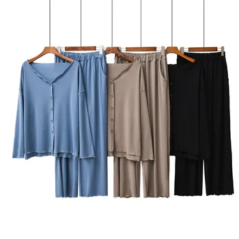 

Sexy V-Neck Homewear 2Pcs Long Sleeve+Pants Casual Wear 2020 Autumn New Ladies Pajamas Set Comfort Solid Color Women