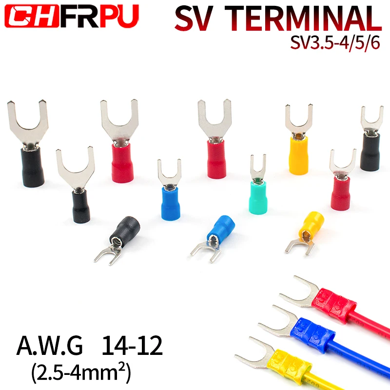 100Pcs SV series Fork Insulated Electrical Wire Crimp Terminals A.W.G   14-12 spade terminals Crimp Wire Connectors