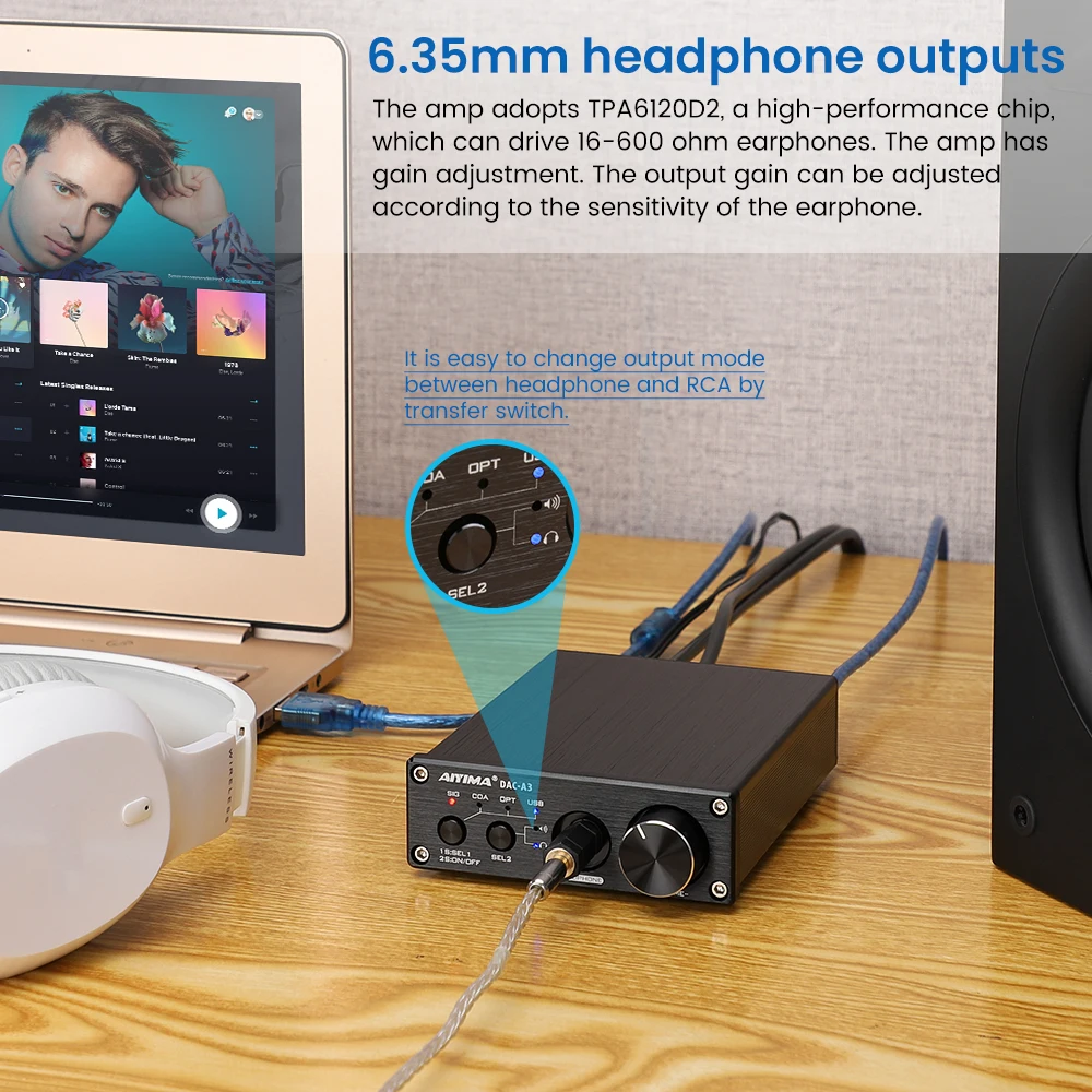 Decodificador de Áudio Aiyima Conversor Decodificador Duplo Embutido Estéreo Amplificador Coaxial Óptico Dac 192khz - Image 3