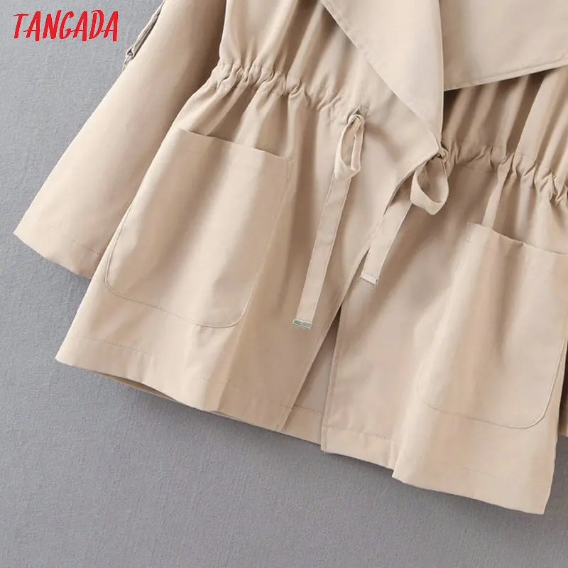 Tangada women solid trench coat elegant elastic waist pocket female khaki windbreaker outwear korean fashion SL71