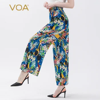 

Voa 16mm Silk Printed Crepe-De-Chine Natural Elastic Waist Wooden Ear National Style Loose Meat Wide Leg Trousers K7