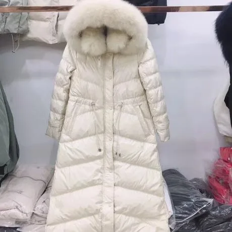 Dongdaemun, женское пуховое пальто, корейский стиль, белый утиный пух, воротник из лисьего меха, длинный пуховик, женская зимняя куртка