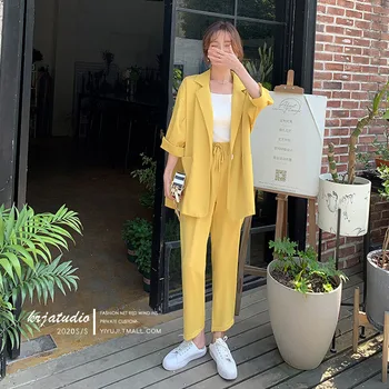 

2020 Casual Summer Two Piece Pant Set Female 3/4 Sleeve Oversize Long Blazer+Elastic Waist Pencil Pant Korean Women Blazer Suit