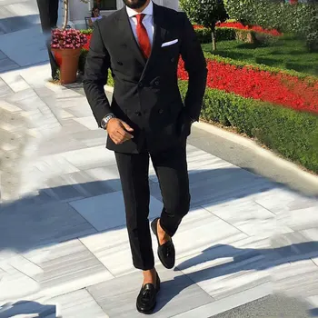 

Black Men Suits Smart Casual Business Slim Fit Wedding Tuxedos Groom Wear Double Breasted Bridegroom Prom 2 Pieces Costume Homme