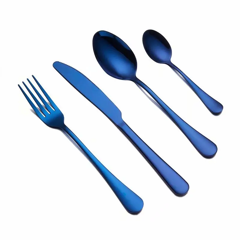 Spklifey Cutlery Set Stainless Steel Dinnerware Rainbow Stainless Steel Spoon Set Fork Spoon Knife Steel Cutlery Dinnerware Set - Color: blue