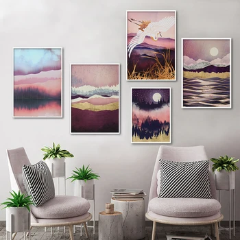 

Japanese Scenery Poster Sunrise Sunset Landscape Wall Art Flying Crane Lake Mountain Canvas Painting Pictures for Living Room