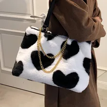 

Big Size Chain Shoulder Bags for Women Soft Hairy Tote Bag Heart Pattern Handbags Large Capacity Top Handle Lady Shopper Bag Sac