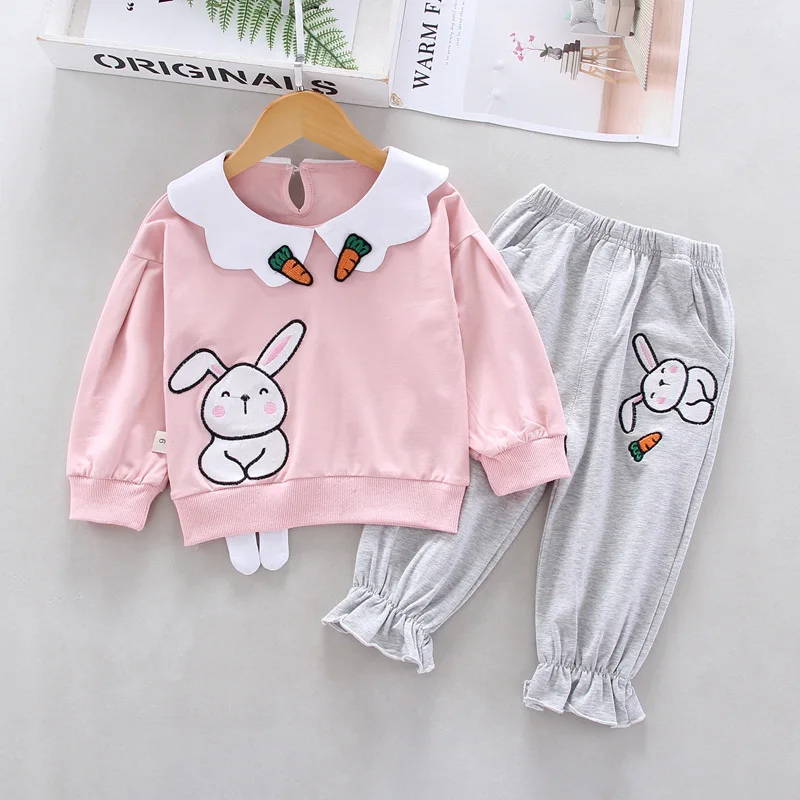 

Girls Sweet Cartoon Cute Peter Pan Collar CHILDREN'S Suit Spring And Autumn Pullover Long-sleeved Sweater Two-Piece Set