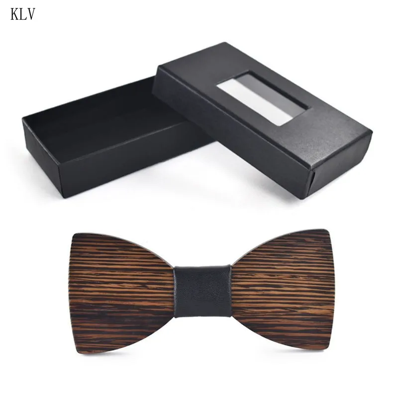 Men Business Wenge Wood Bowtie Trendy Wooden Bow Tie Black Imitation Leather Hand-made