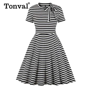 

Tonval Vintage White and Black Striped Tie Neck Cut-out A Line Skater Dress Women 95% Cotton Short Sleeve Autumn Casual Dresses