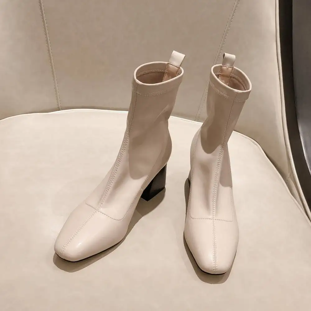 Tanie Superstar placu toe z mikrofibry wysokie obcasy slip on kobiety botki zwięzłe runway moda buty stałe party buty zimowe L87