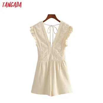 

Tangada Fashion women sexy lace summer playsuit backless short Sleeve bows Female sexy beach playsuit 3H573