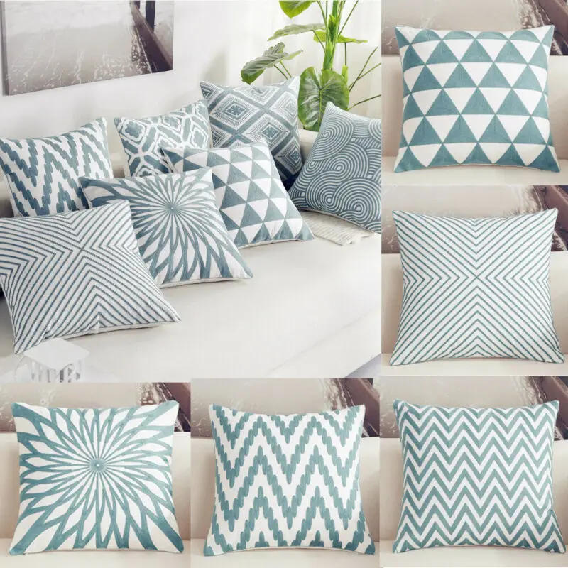 Hot sale Geometric Blue Cotton Throw Pillow Cover Home Office Waist Case Cushion Gift