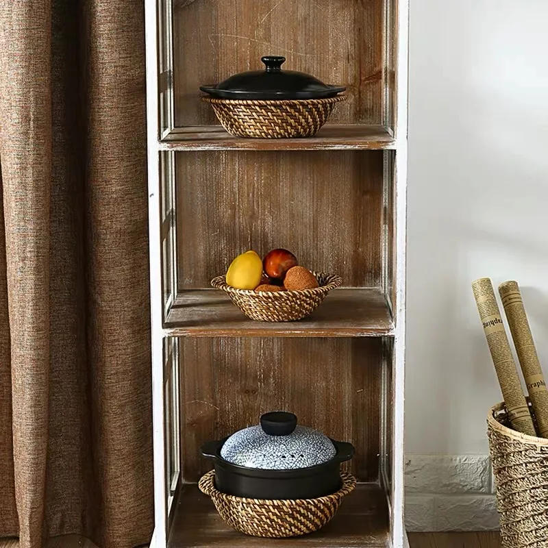 Kitchen storage basket handmade rattan woven round brown green vegetable and fruit storage basket kitchen household items